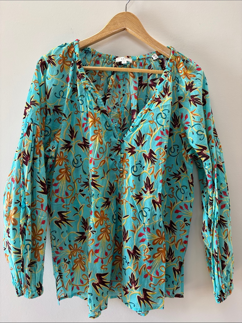 A.L.C. Turquoise V-Neck Floral Blouse